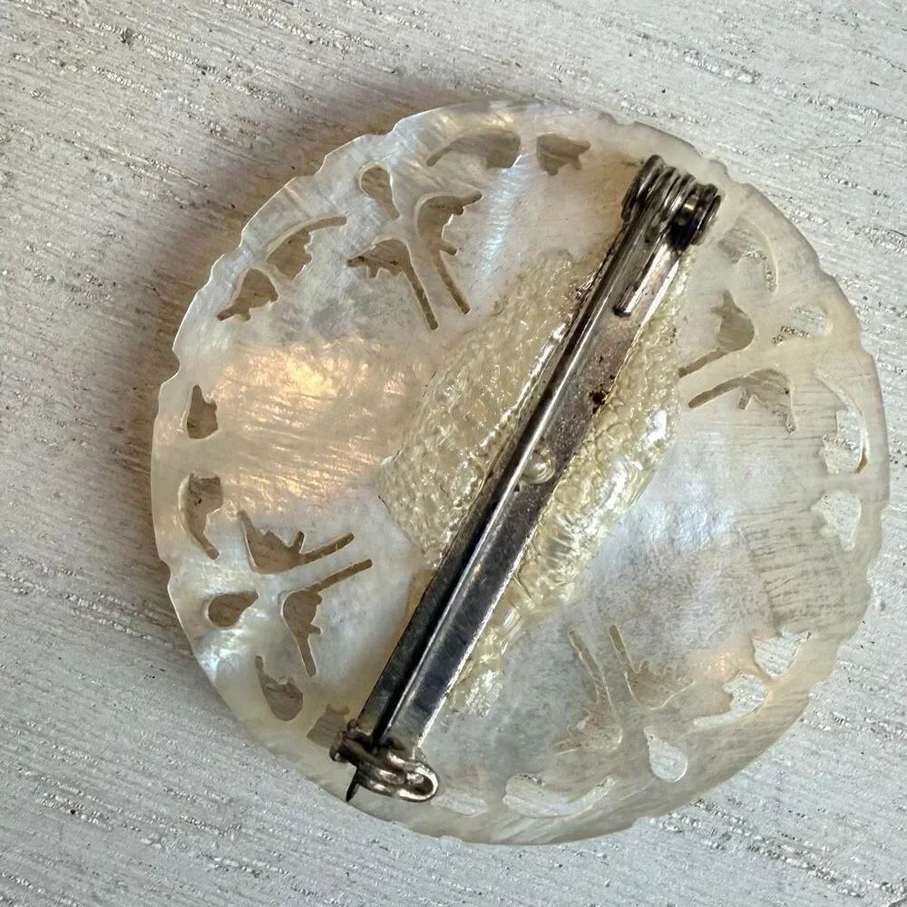 Vintage Hand Carved Mother of Pearl Floral Brooch Pin